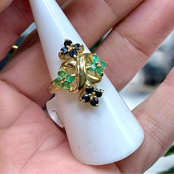 🌺Vintage 18K/925 Genuine Emerald & Sapphire Ring - Picture 4 of 11